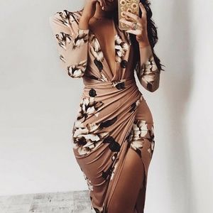ChicMe Floral Deep V Long Sleeve Ruched Bodycon Dress - pinkish tan color